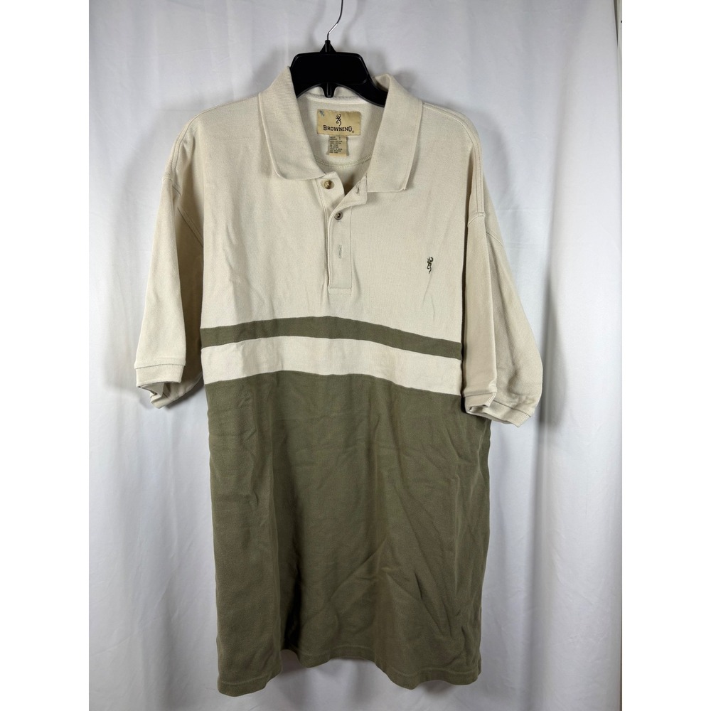 Browning Mens Polo Shirt Large Cream Olive Green Colorblock Cotton Pique Logo